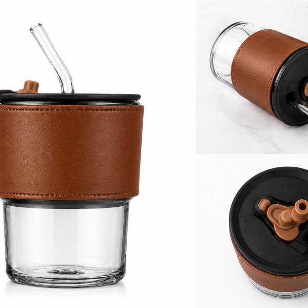 Premium Glass Tumbler with Brown Leather Sleeve and Glass Straw