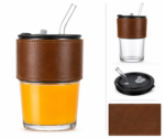 Premium Glass Tumbler with Leather Sleeve & Straw Lid – Brown