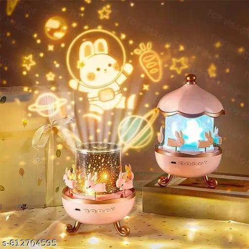 Bunny Night Light Projector, LED Carousel Lamp with 6 Rotating Films, Pink Star Projection for Nursery and Kids Room Decor, Rotatable Rabbit Design