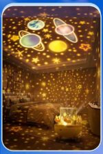 Bunny Night Light Projector, LED Carousel Lamp with 6 Rotating Films, Pink Star Projection for Nursery and Kids Room Decor, Rotatable Rabbit Design