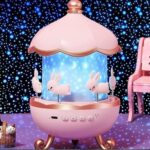 Bunny Night Light Projector, LED Carousel Lamp with 6 Rotating Films, Pink Star Projection for Nursery and Kids Room Decor, Rotatable Rabbit Design